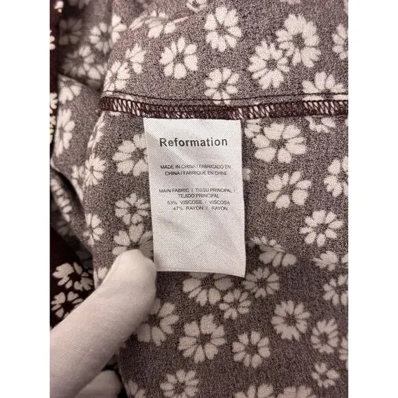 Reformation Dress 12 Womens Chocolate Brown Floral Plunge Smocked Mini - Picture 9 of 9